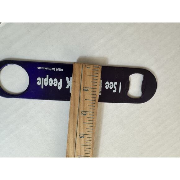 Flat Bottle Opener/ Bar Key I see Drunk People 1999 Purple Steel Metal Bar Beer - Picture 4 of 5